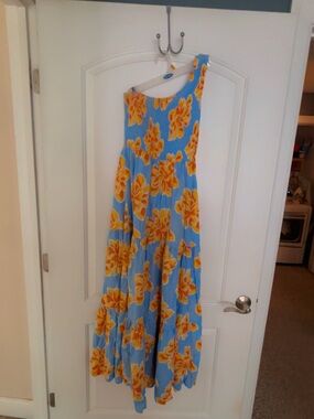 One-Shoulder Floral Maxi Dress in Sky Blue and Yellow - Unbranded